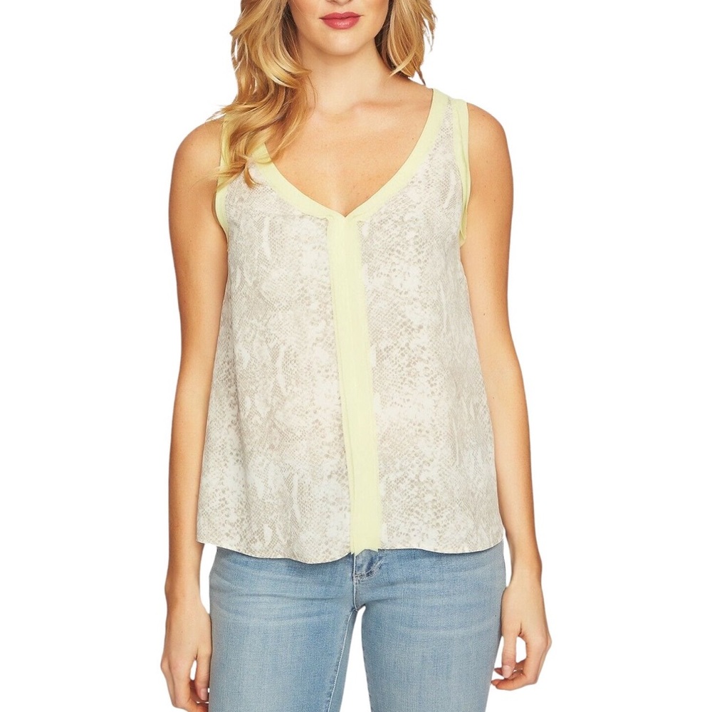 CeCe Snakeskin Embossed Chiffon Top with Contrasting Yellow Trim L New